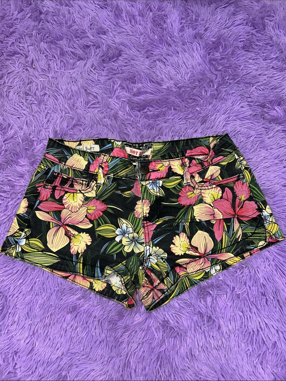 Hot Kiss Black Tropical Floral Jean Shorts with Pink & Yellow Blossoms